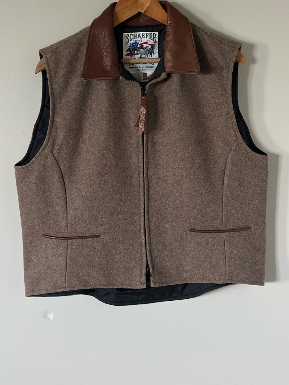 Schaefer Outfitter Brown Wool Vest with Leather Collar